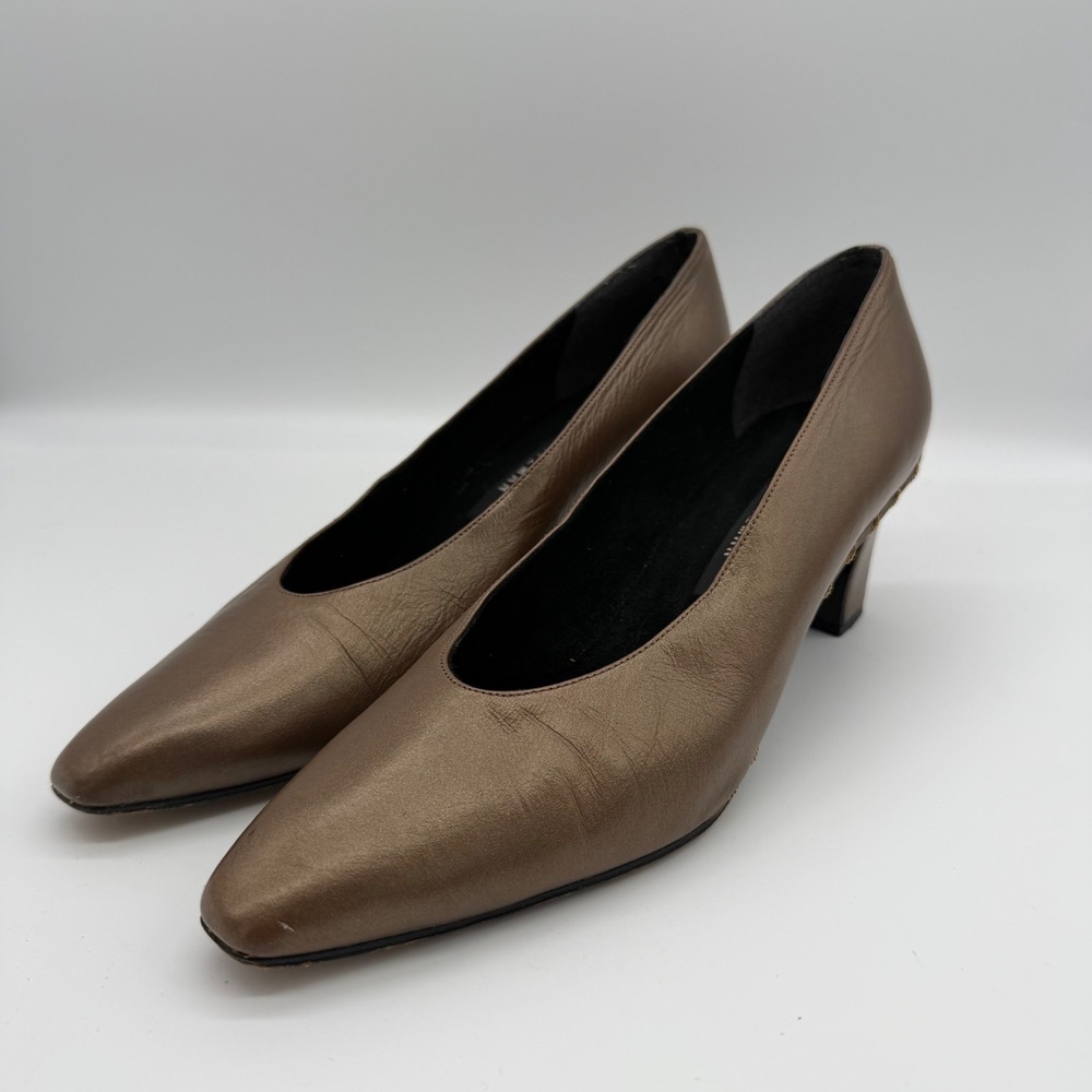 Stuart Weitzman Vintage Bronze Metallic Leather Pointed Toe Block Heel Pumps 8W